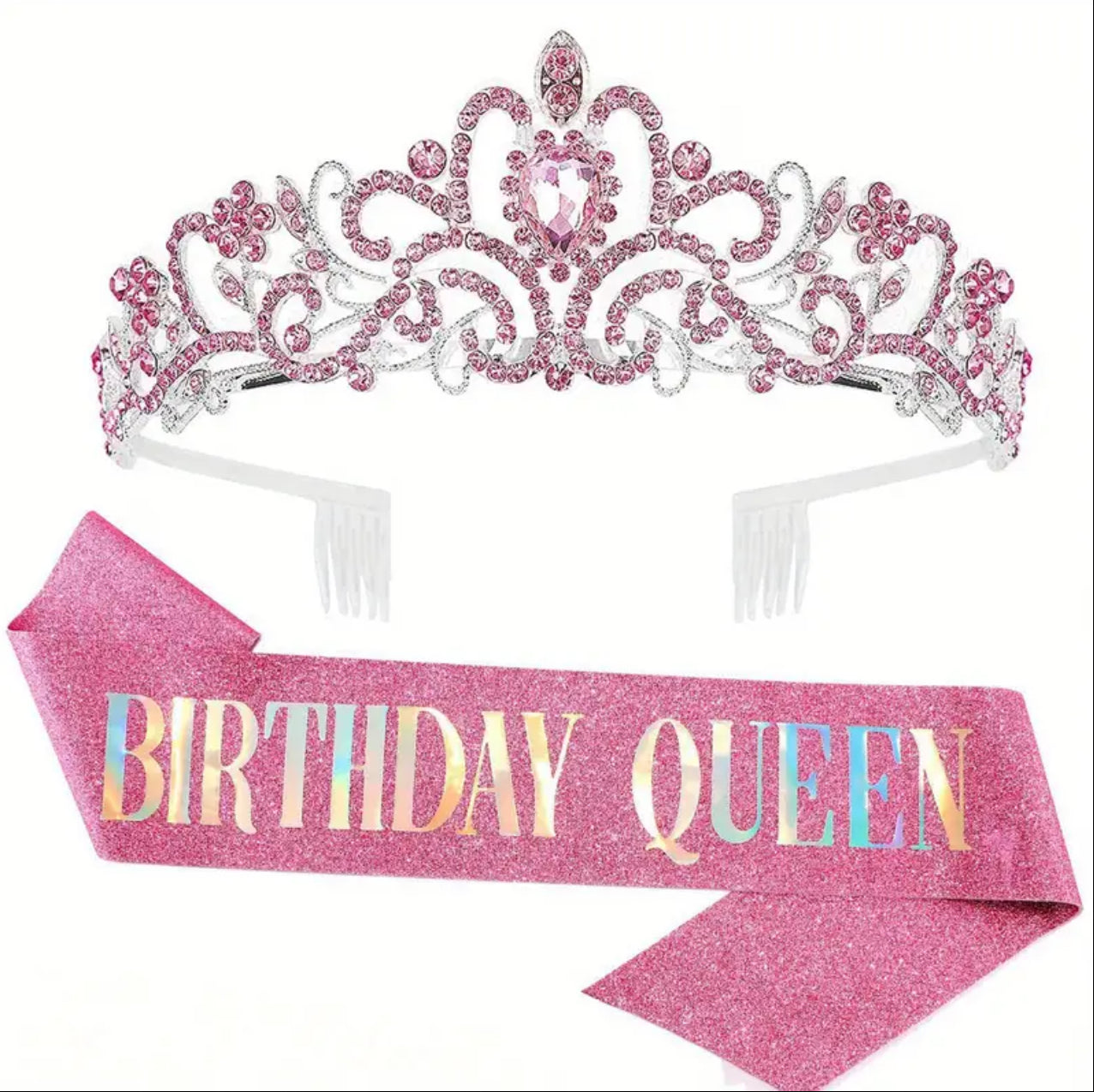 Birthday Queen Sash & Rhinestone Tiara Set