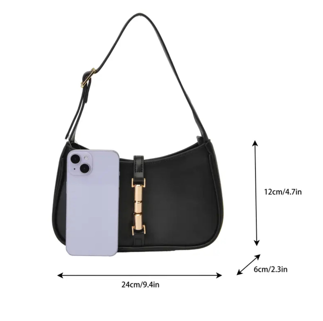Black Shoulder Bag with Golden Tone Hardware & Strap
