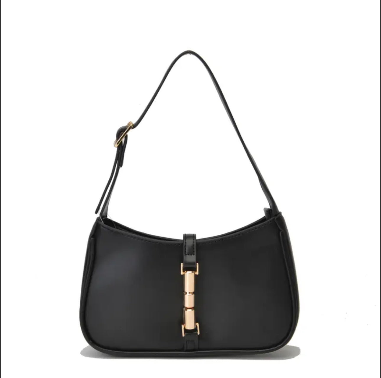 Black Shoulder Bag with Golden Tone Hardware & Strap