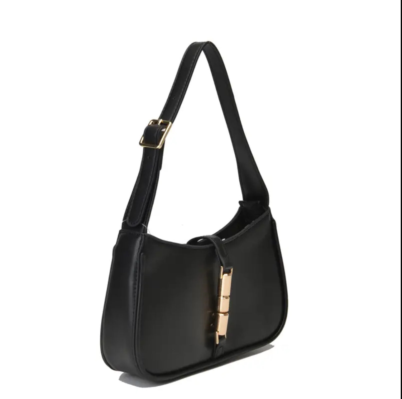 Black Shoulder Bag with Golden Tone Hardware & Strap