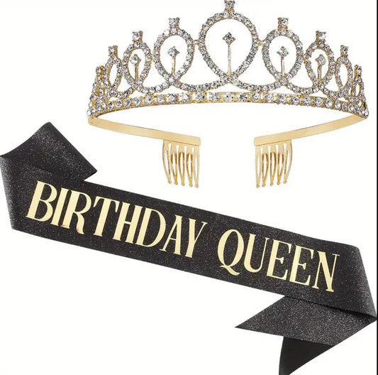 Birthday Queen Sash & Rhinestone Tiara Set
