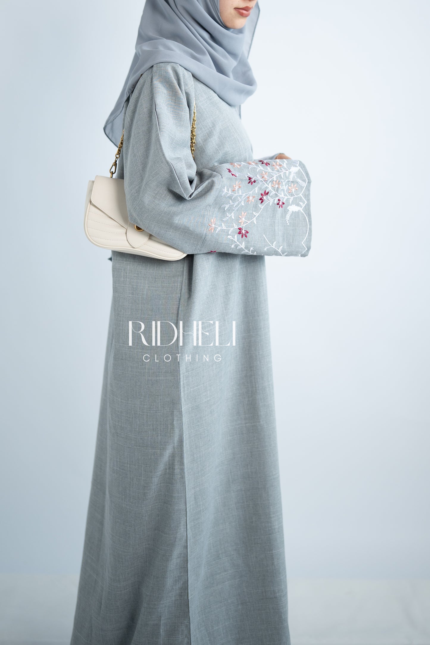 AZRA GRAY LINEN EMBROIDERD ABAYA