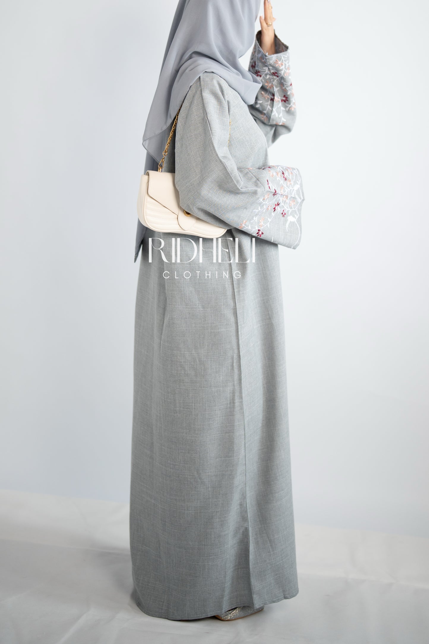 AZRA GRAY LINEN EMBROIDERD ABAYA