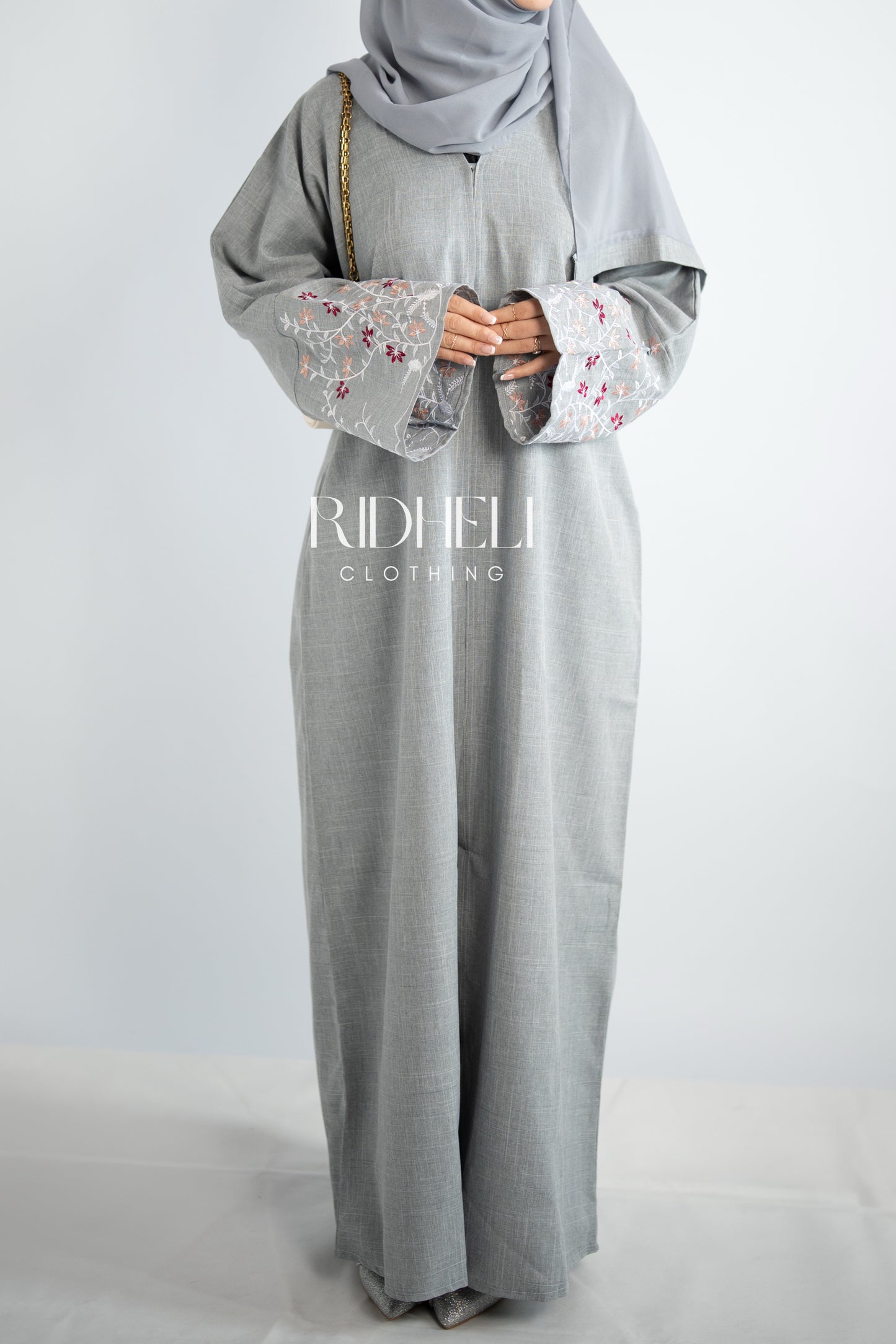 AZRA GRAY LINEN EMBROIDERD ABAYA