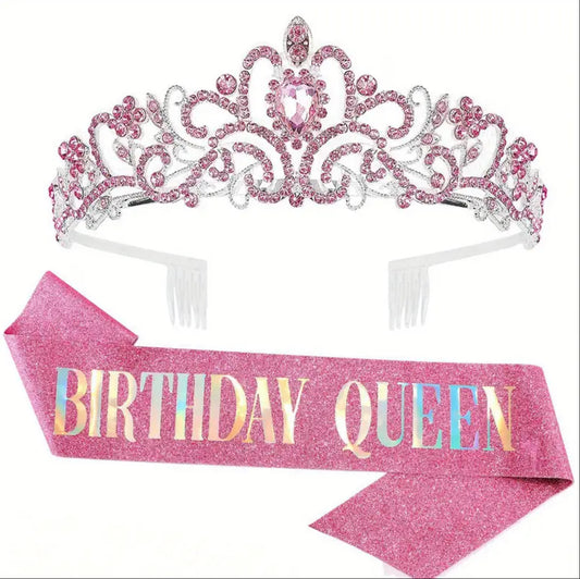 Birthday Queen Sash & Rhinestone Tiara Set