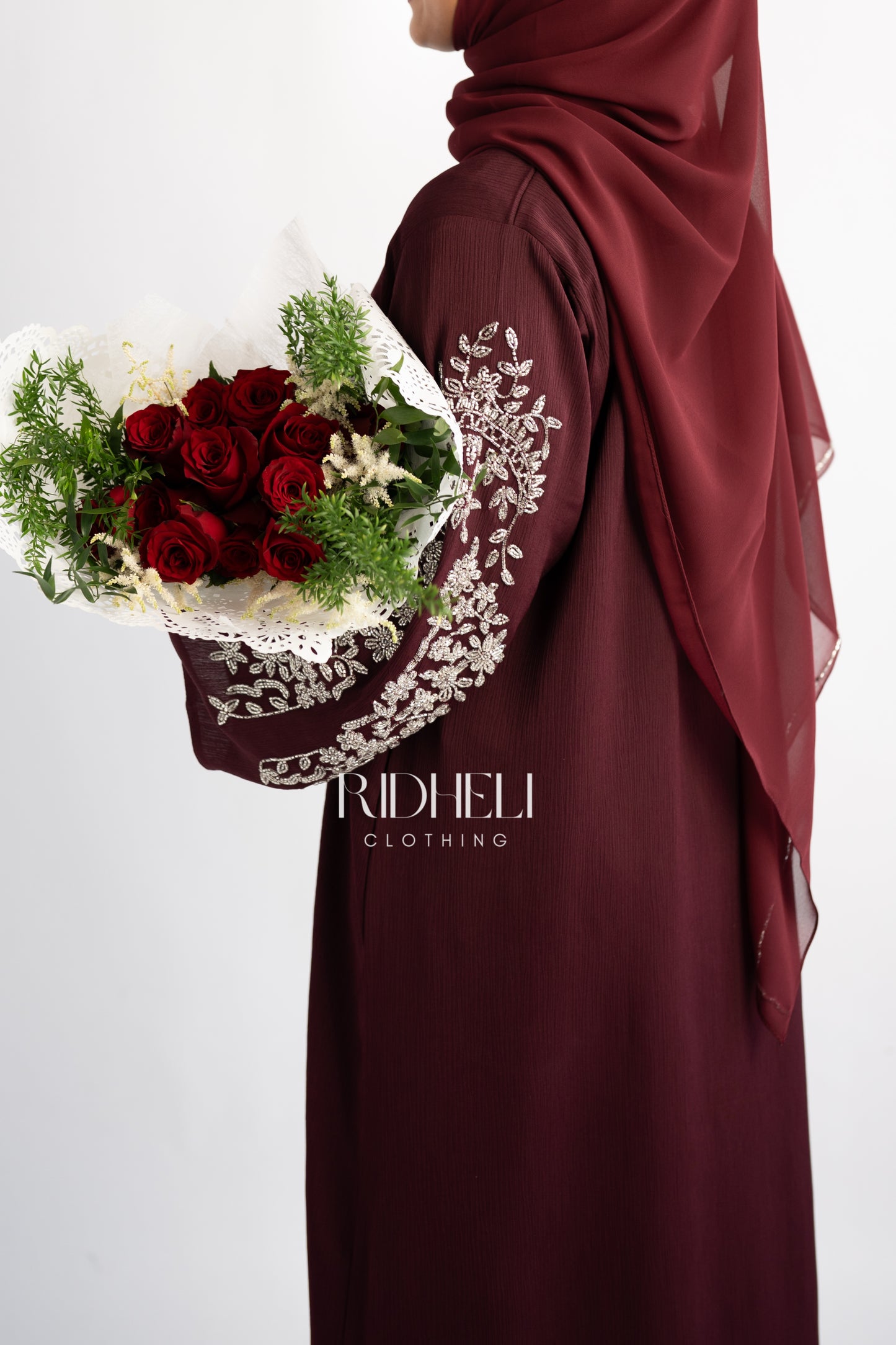 AMEENA BURGUNDY BEADED ABAYA