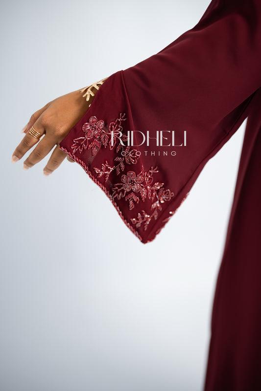 CIHAL DARK RED BEADED ABAYA