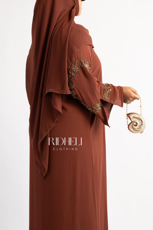 SHAF BURNT ORANGE BEADED ABAYA