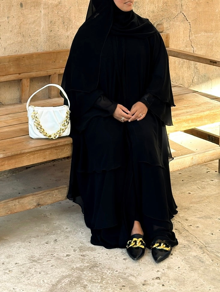 THREE LAYER BLACK CHIFFON ABAYA