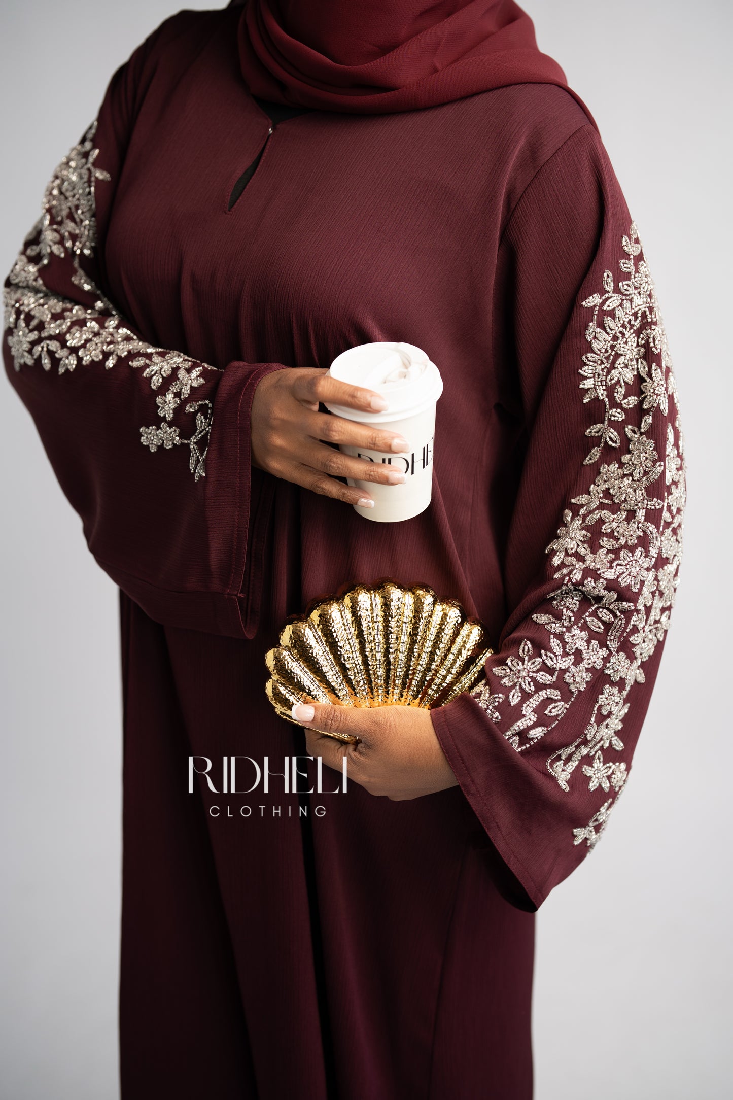 AMEENA BURGUNDY BEADED ABAYA