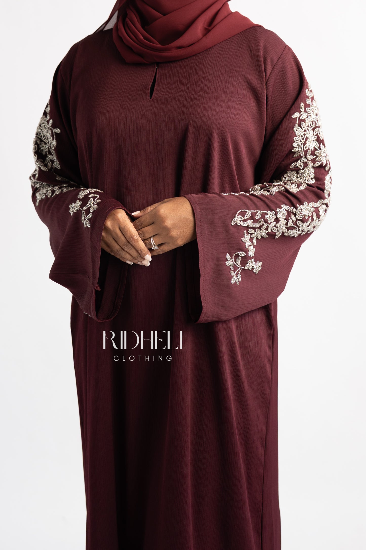 AMEENA BURGUNDY BEADED ABAYA