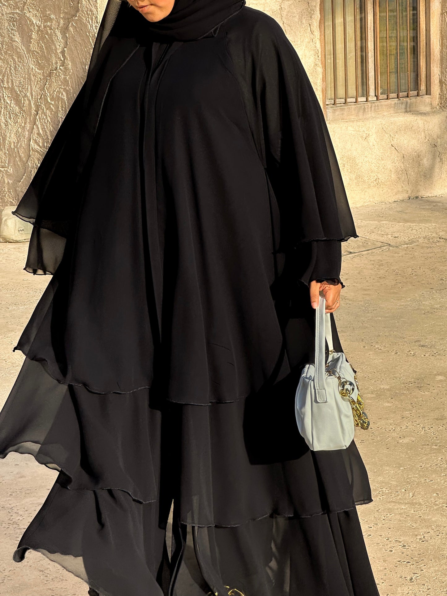 THREE LAYER BLACK CHIFFON ABAYA