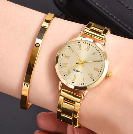 Vintage Women'S Quartz Watch & Love Charm Bracelet Set