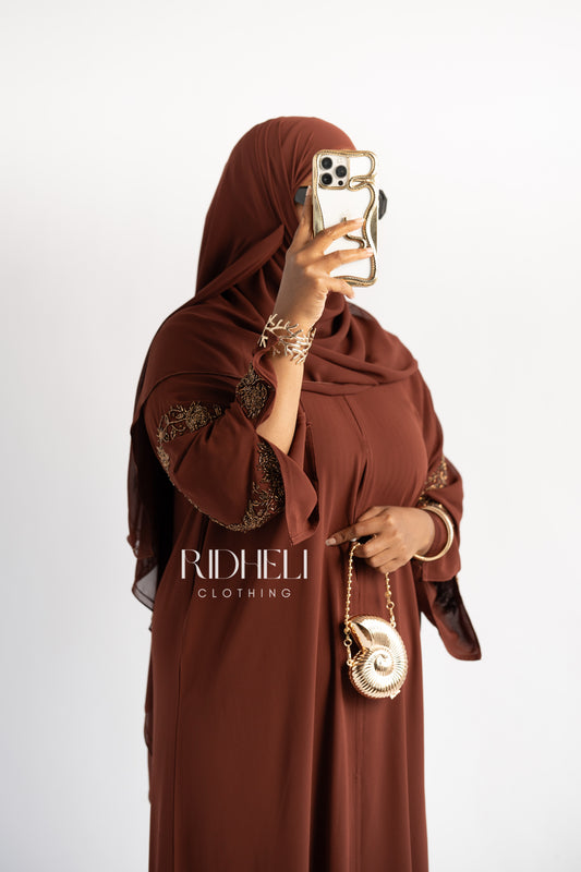 SHAF BURNT ORANGE BEADED ABAYA