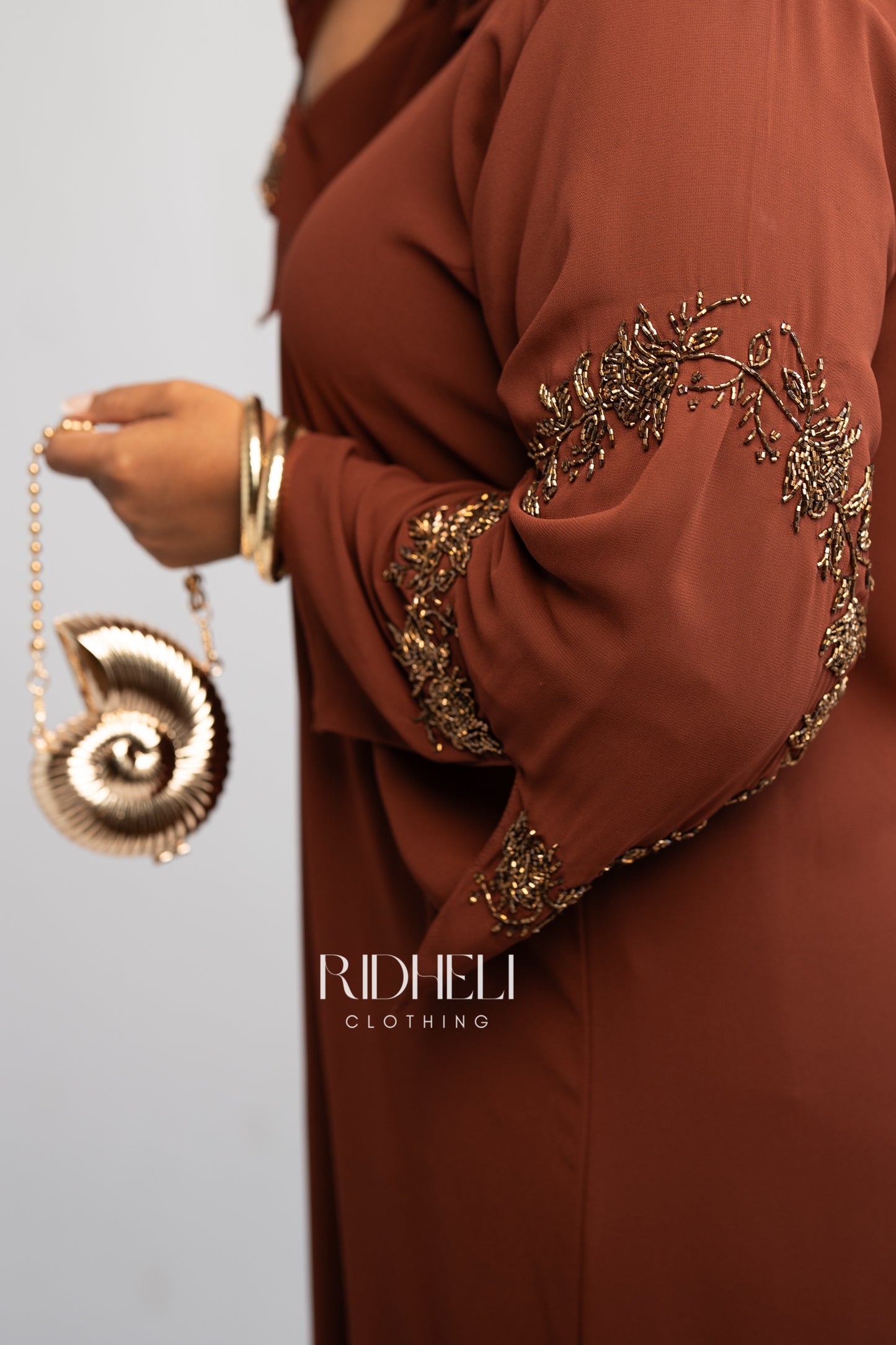 SHAF BURNT ORANGE BEADED ABAYA