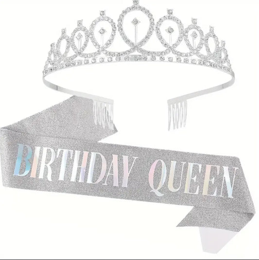 Birthday Queen Sash & Rhinestone Tiara Set