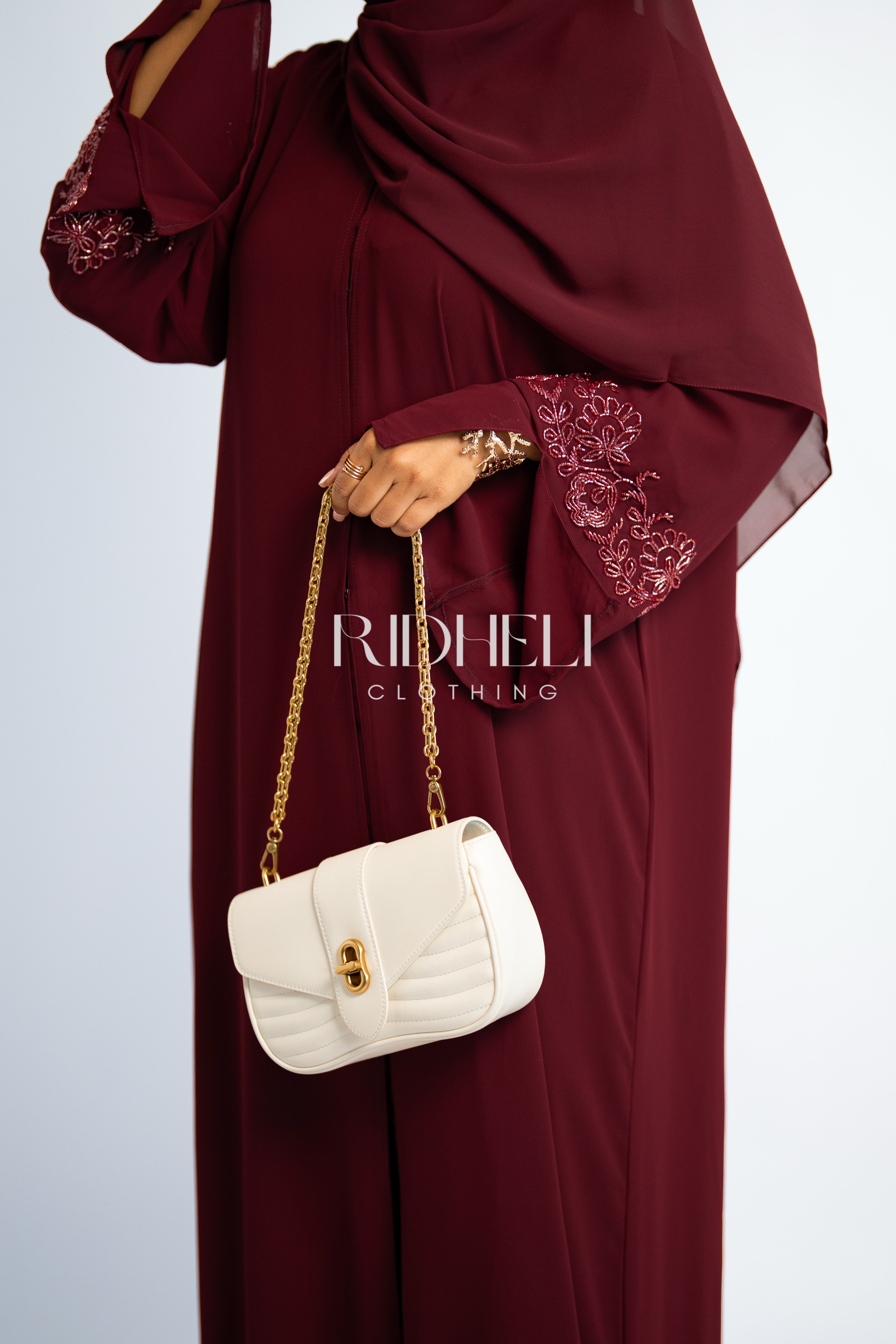 ALYA DARK RED BEADED ABAYA – Ridheli Clothing