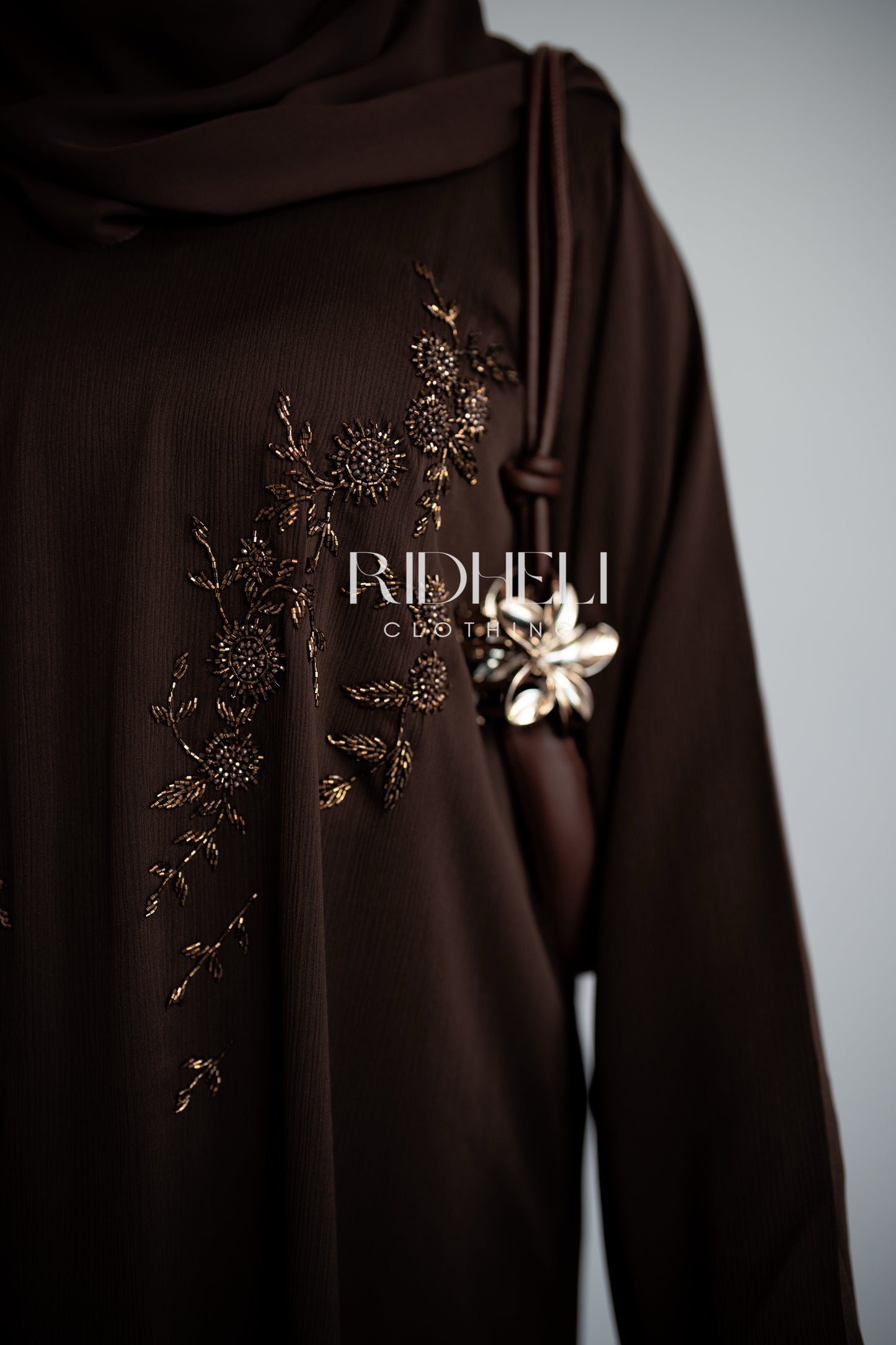 SARA BROWN BEADED ABAYA