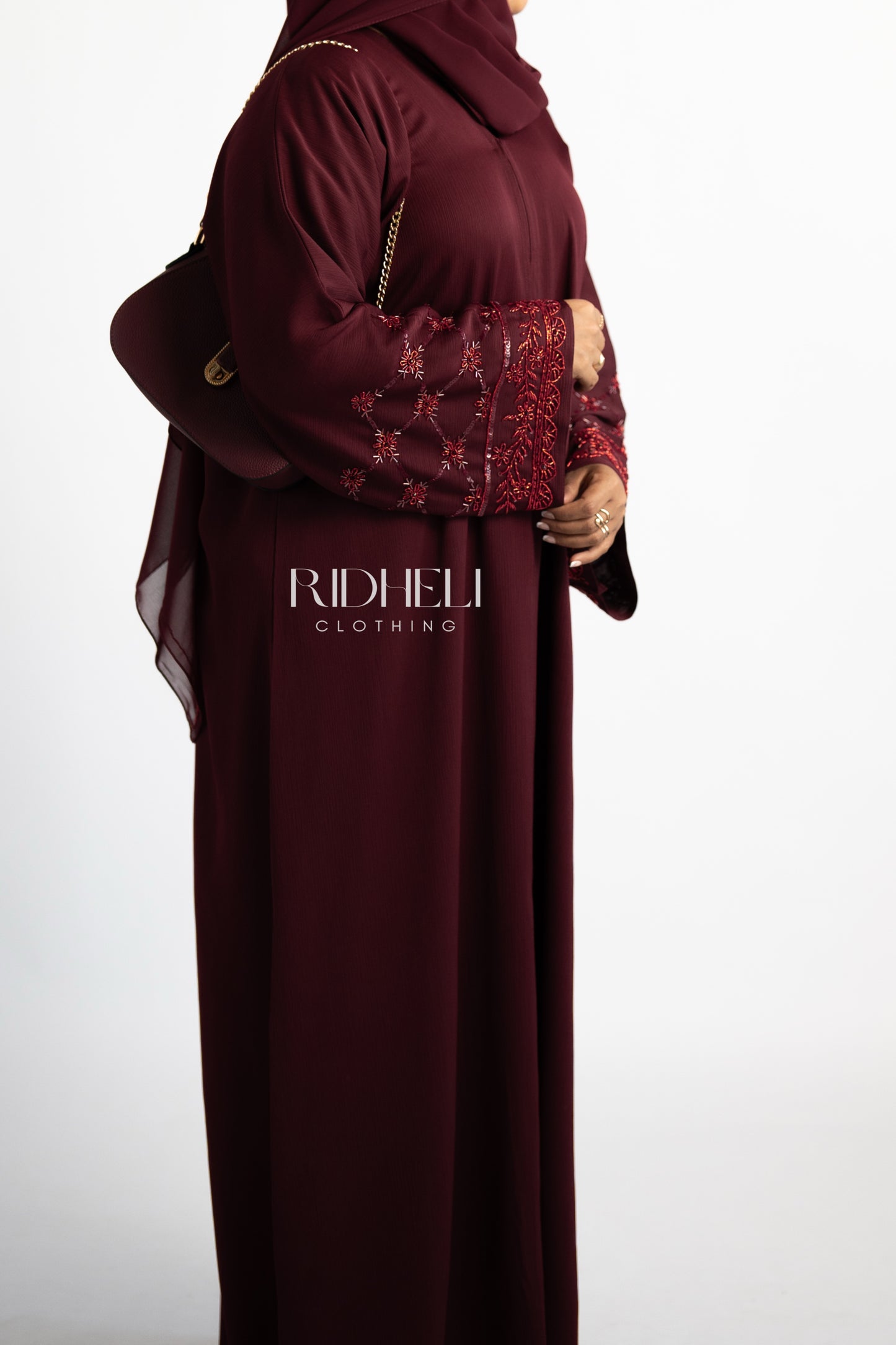 INAAN DARK RED BEADED ABAYA