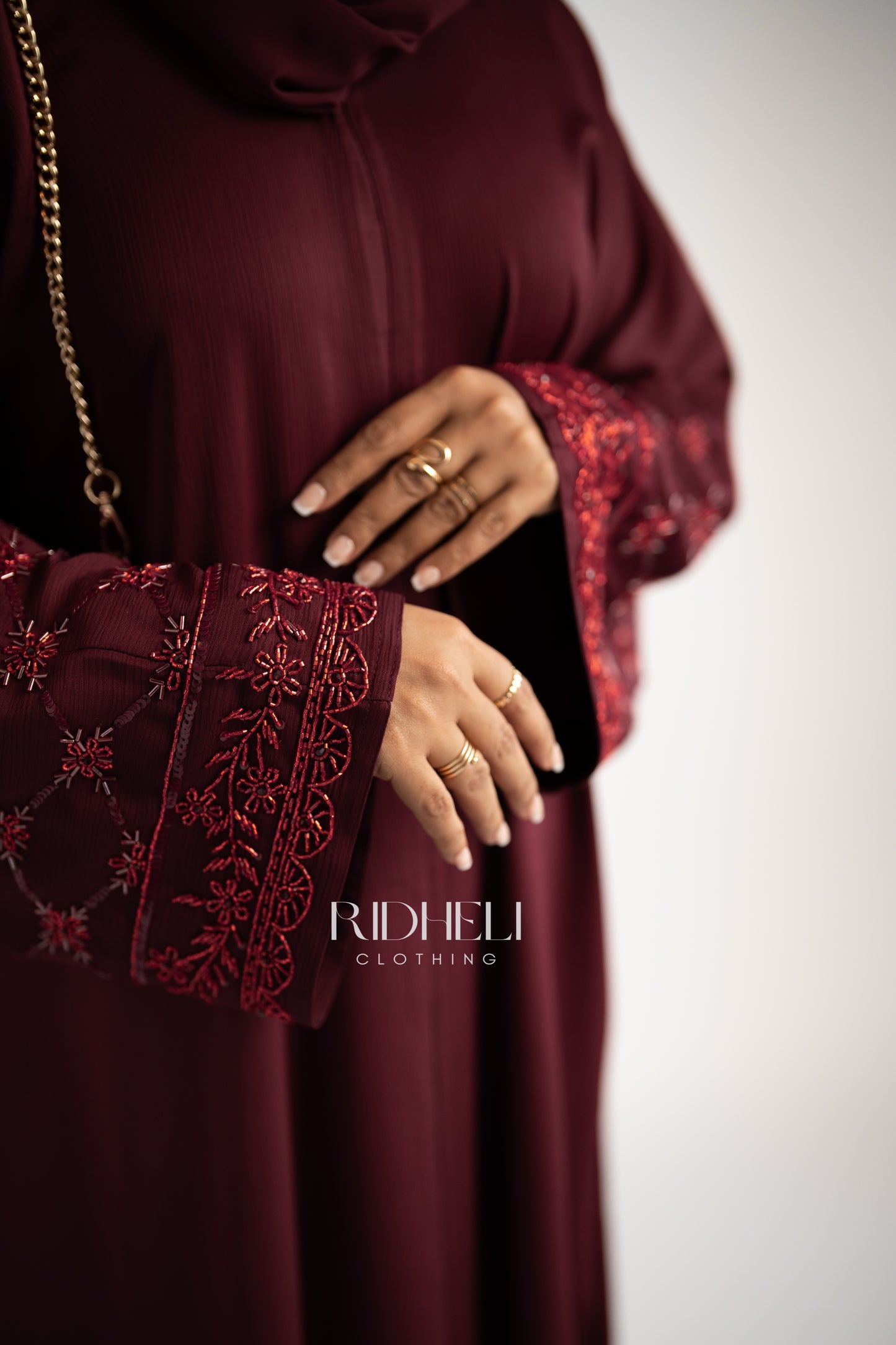 INAAN DARK RED BEADED ABAYA