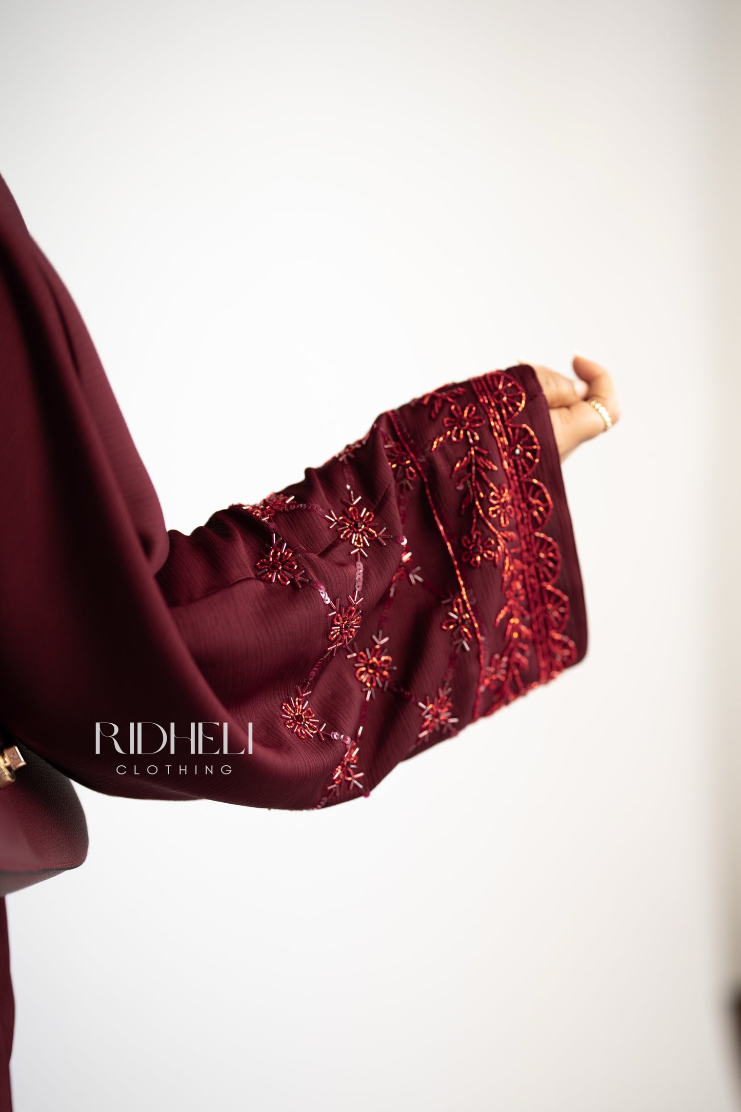 INAAN DARK RED BEADED ABAYA