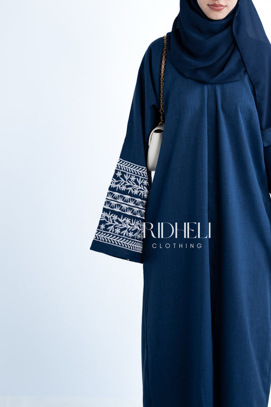 ZAMR BLUE LINEN EMBROIDERD ABAYA