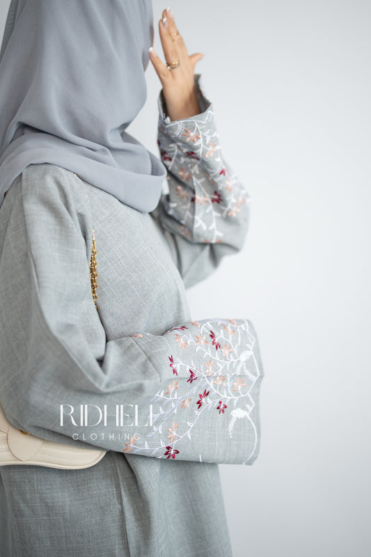 AZRA GRAY LINEN EMBROIDERD ABAYA