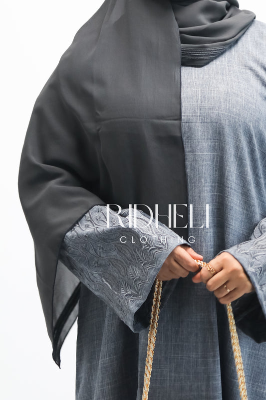 ALLYRA GRAY LINEN EMBROIDERY ABAYA