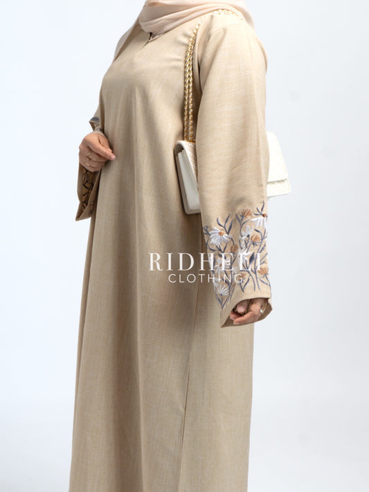 LEYLA CREAM FLORAL LINEN EMBROIDERY ABAYA