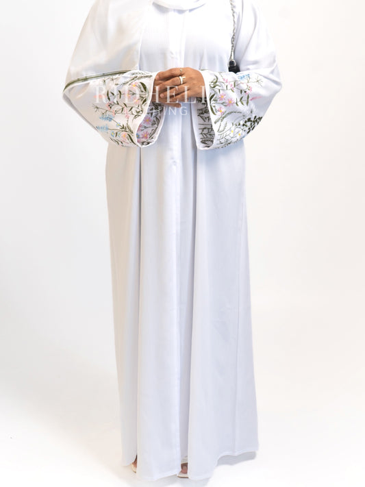 AISHA WHITE FLORAL EMBROIDERY ABAYA