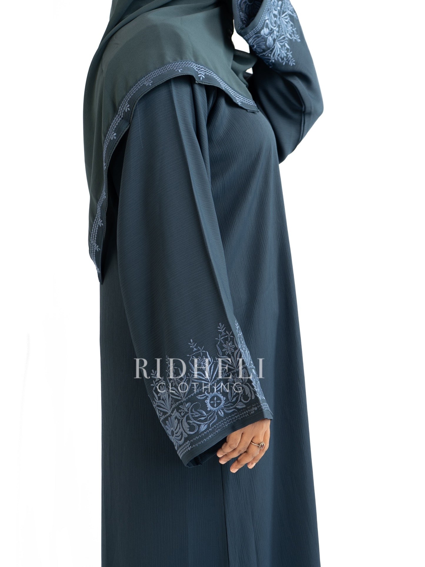 LAYYA STEEL BLUE EMBROIDERY ABAYA